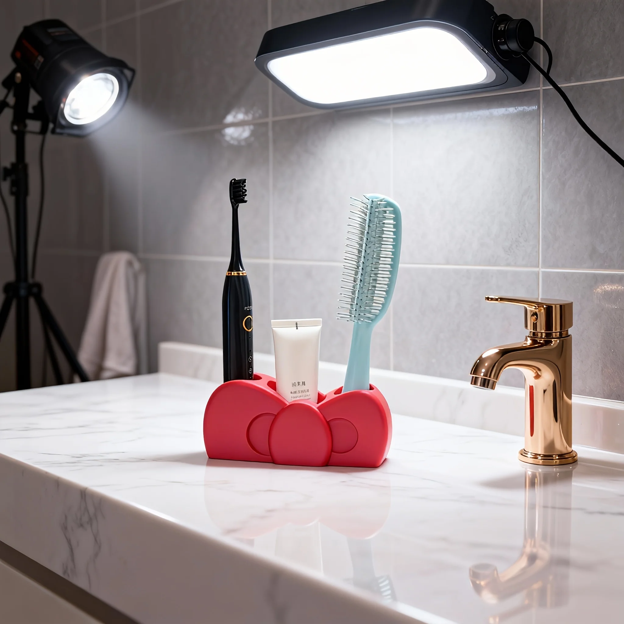 1Pc Bow Decor Electric Toothbrush & Toothpaste Holder, Cute Stylish Desktop Storage Organizer with Bottom Drainage Design