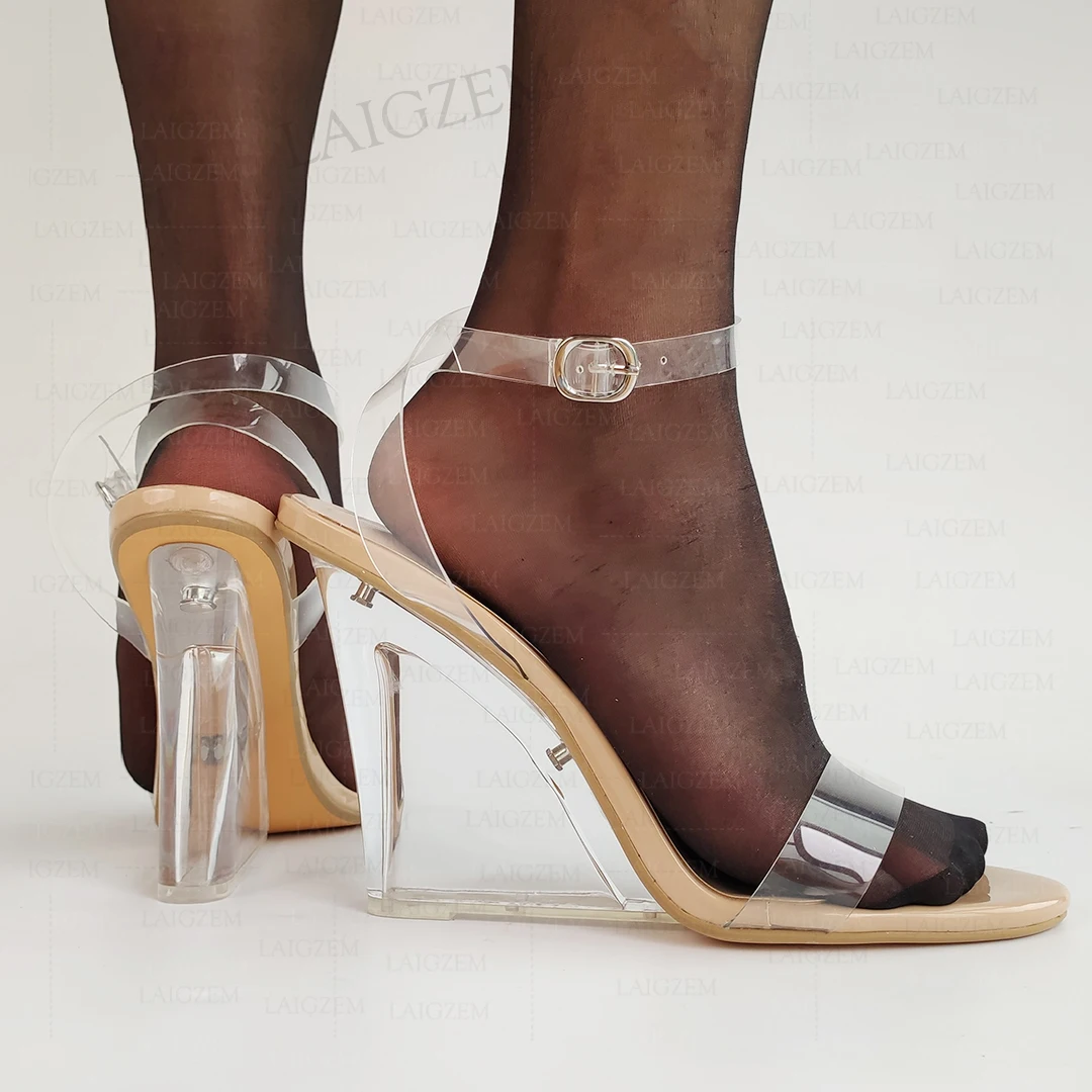 ZHIMA Women Sandals Clear Straps Transparent PVC Clear Wedges Heels Sandals Pumps Ladies Shoes Woman Large Size 34 38 41 44 47