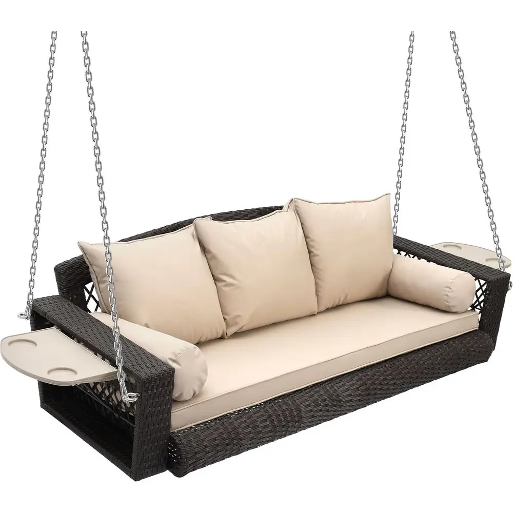 

Трехместные подвесные качели-диван из ротанга с подушками для улицы, сада, двора (коричневый ротанг, подушки цвета хаки)