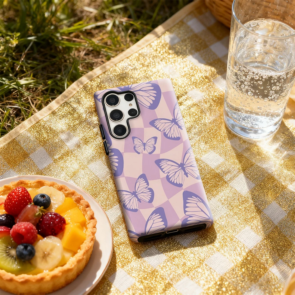 حافظة هاتف على شكل فراشات أرجوانية لهاتف سامسونج جالاكسي S25 Ultra S24 S23 Ultra Plus غطاء خلفي لامع بطبقة مزدوجة #5