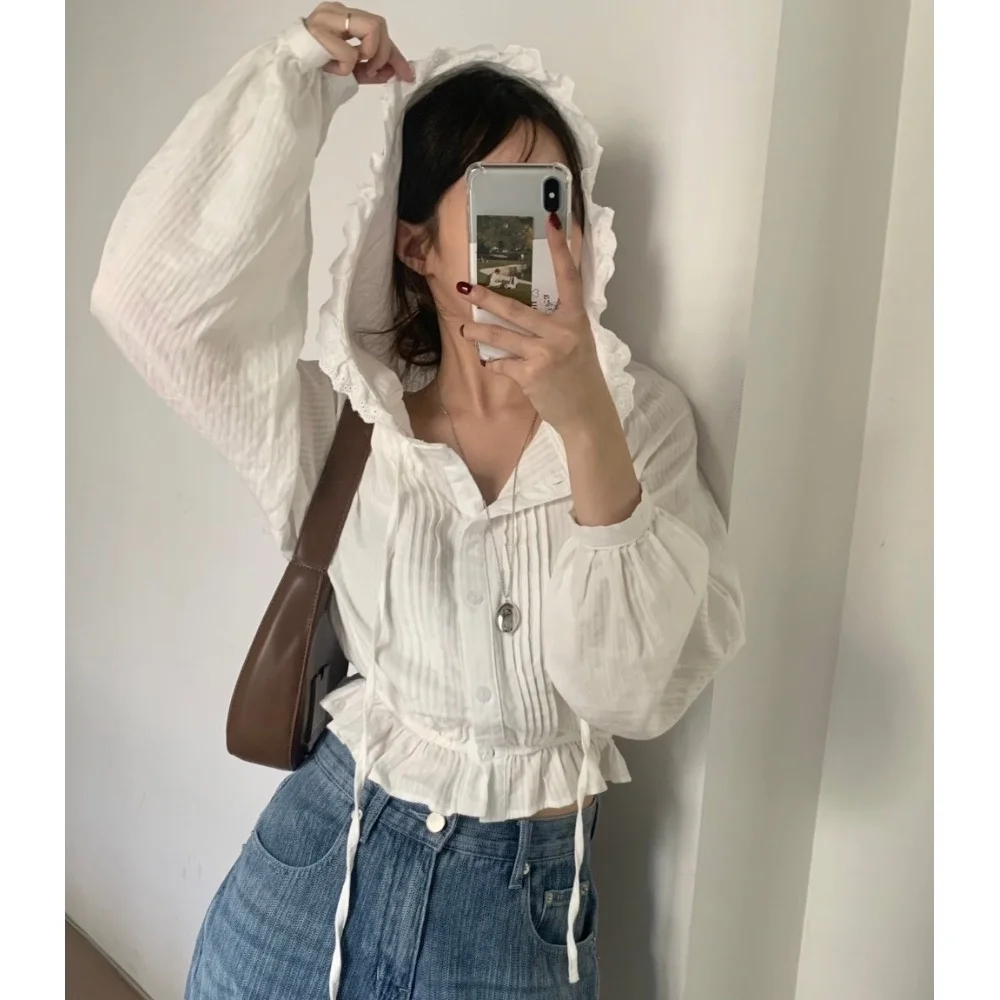 

Elegant Lace Long Sleeve Shirt Women's Breathable Elastic Waist Hem Design Summer 2026 Fashion Top Polyester Fiber 100%