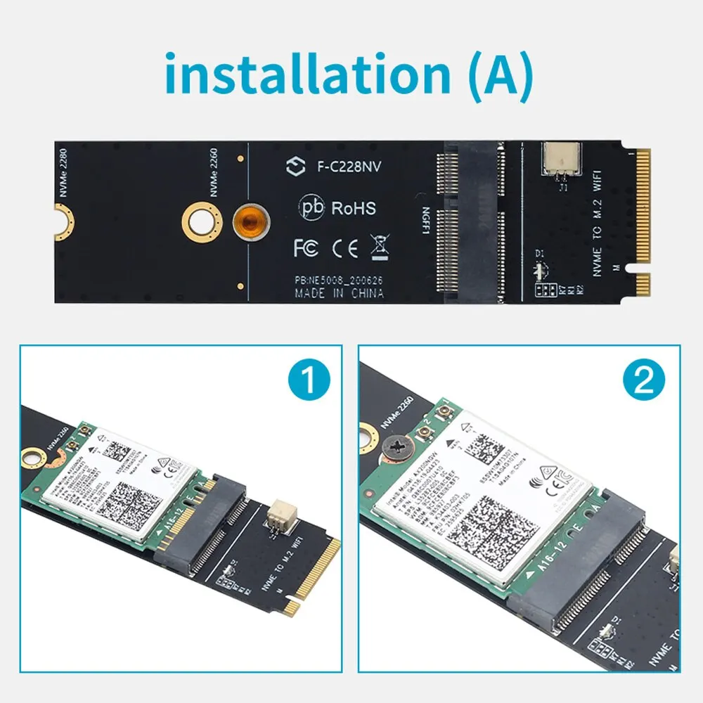 FENVI NGFF M.2 A+E Key To NVMe PCI Express SSD Port Converter Adapter F-C228NV For AX200 AX210 8265 7260AC WiFi BT Wireless Card