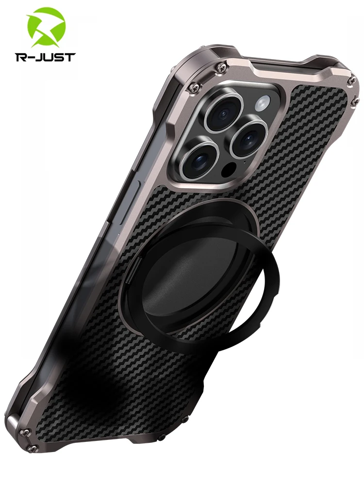 

Металлический чехол R-just из углеродного волокна для Iphone 15, 16, 14, 13 Pro Max, легкий чехол из алюминиевого сплава, встроенное кольцо-держатель