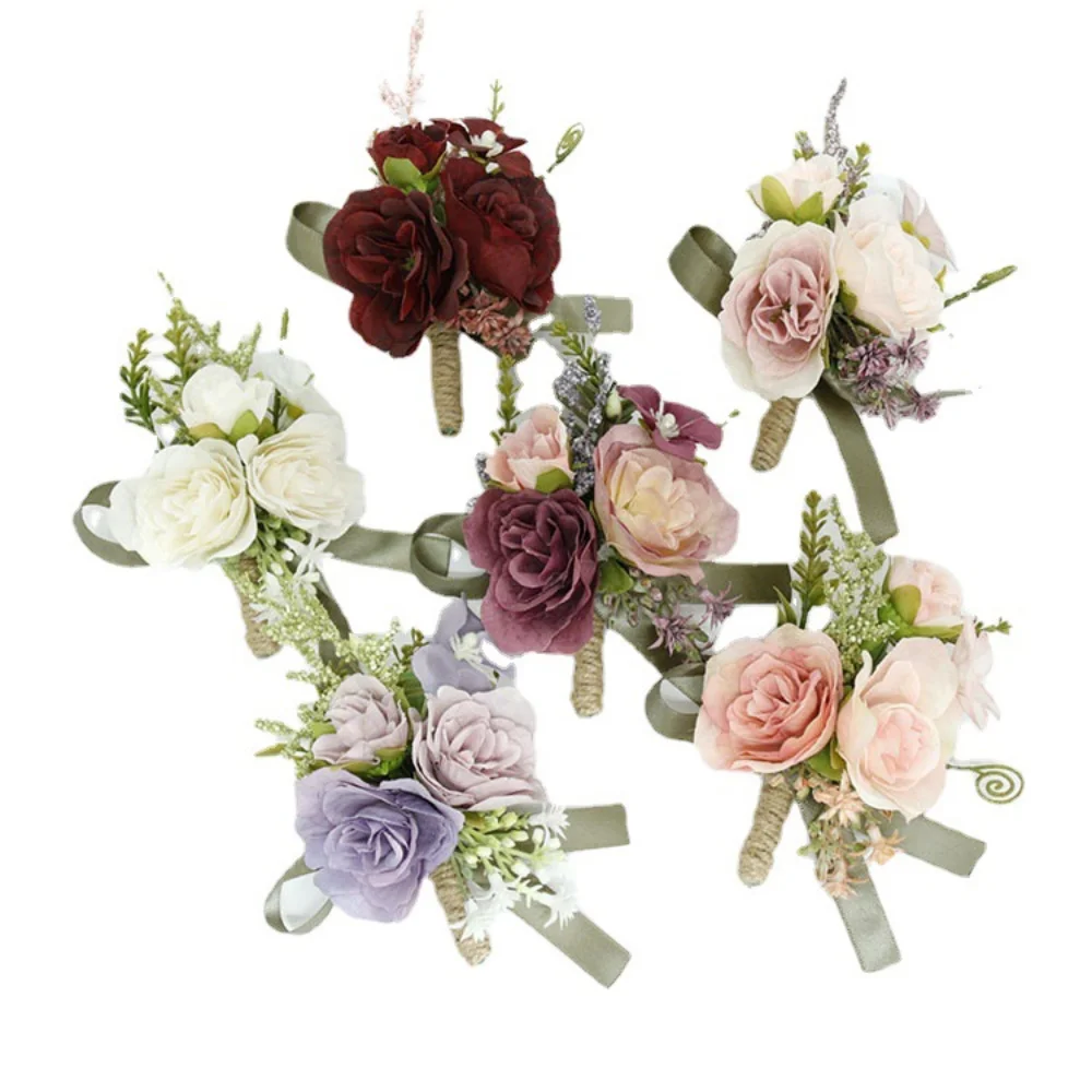 Bunte Blumen Bouton niere für Hochzeit Mann Stifte Seide Rose Corsa gen Armband für Bouton nieres Ehe Lapela Noivo E Padrinhos