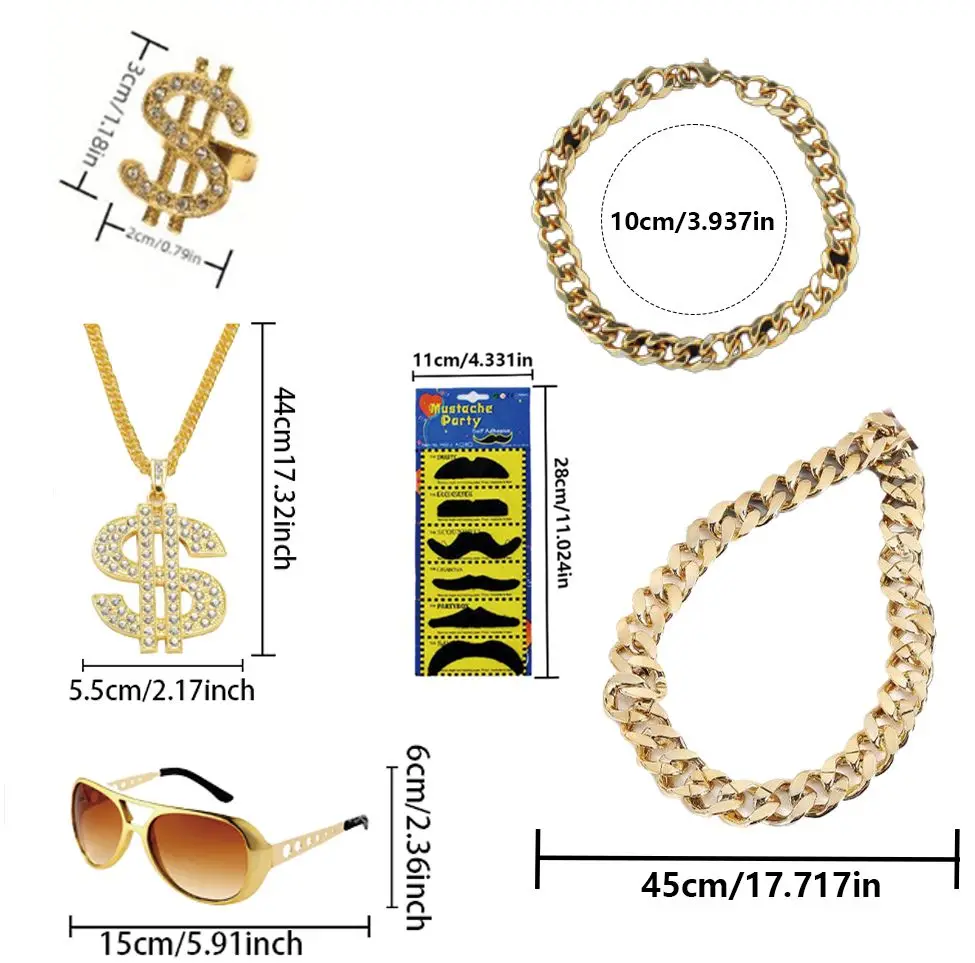 Vestido Elvis para festivais de festas disco, óculos, colares, barbas, chapéus de peruca e outros fantasias de rock hippie, dramatização de Halloween