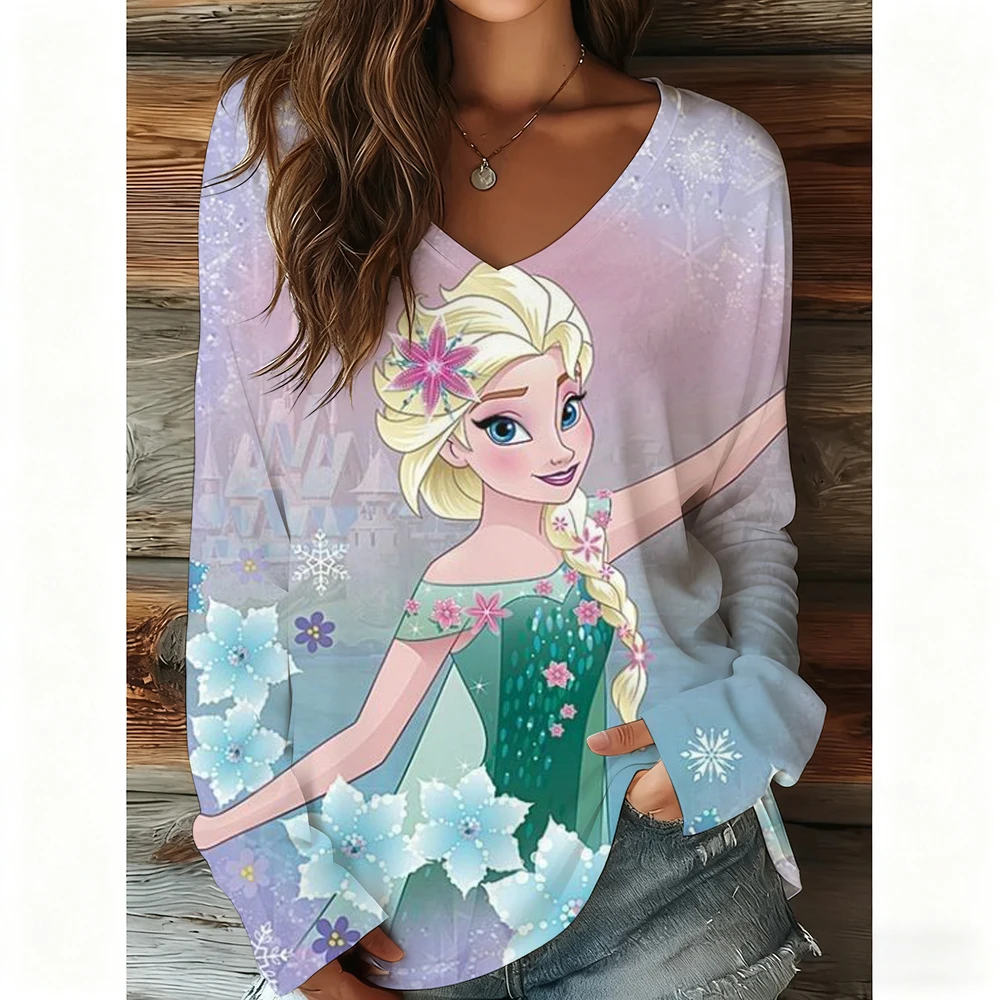 

Плюс размер 2025, летняя новая женская футболка с узором принцессы Диснея, с v-образным вырезом и длинными рукавами, свободная повседневная футболка из полиэстера 3XL