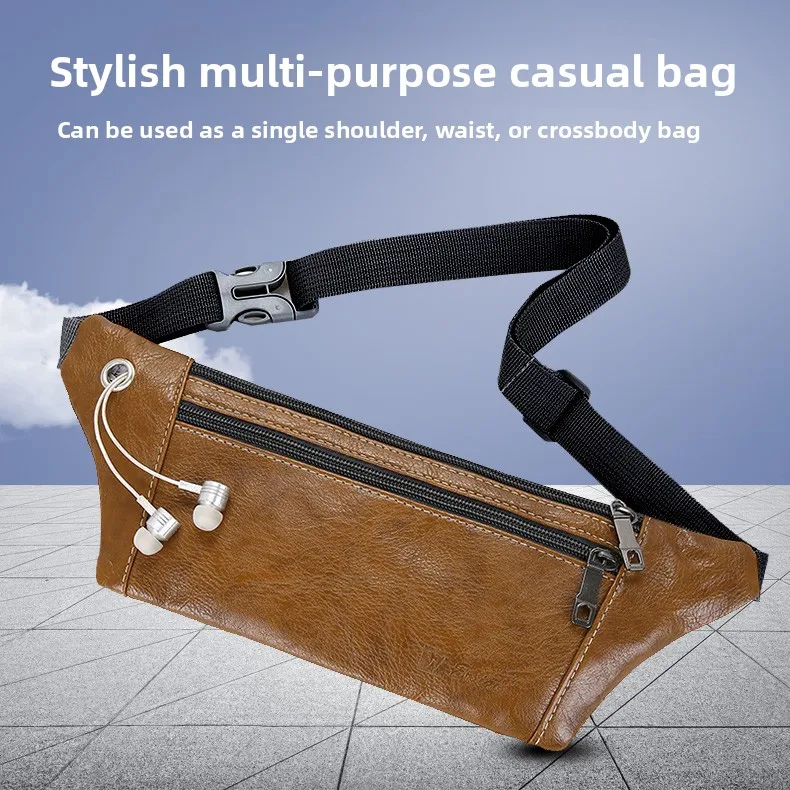 Outdoor Fashionable Men's Multifunctional Sports Leather Waist Bag Casual Crossbody Bag Leisure Single Shoulder Bag Trendy Br...