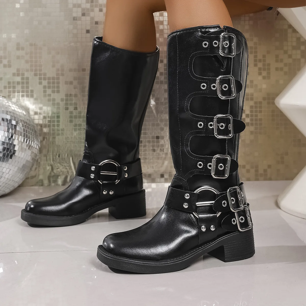 

Women's Retro Belt Buckle High Boots Chunky Heel Fashion Winter Long Boots Western Cowboy Leather Style