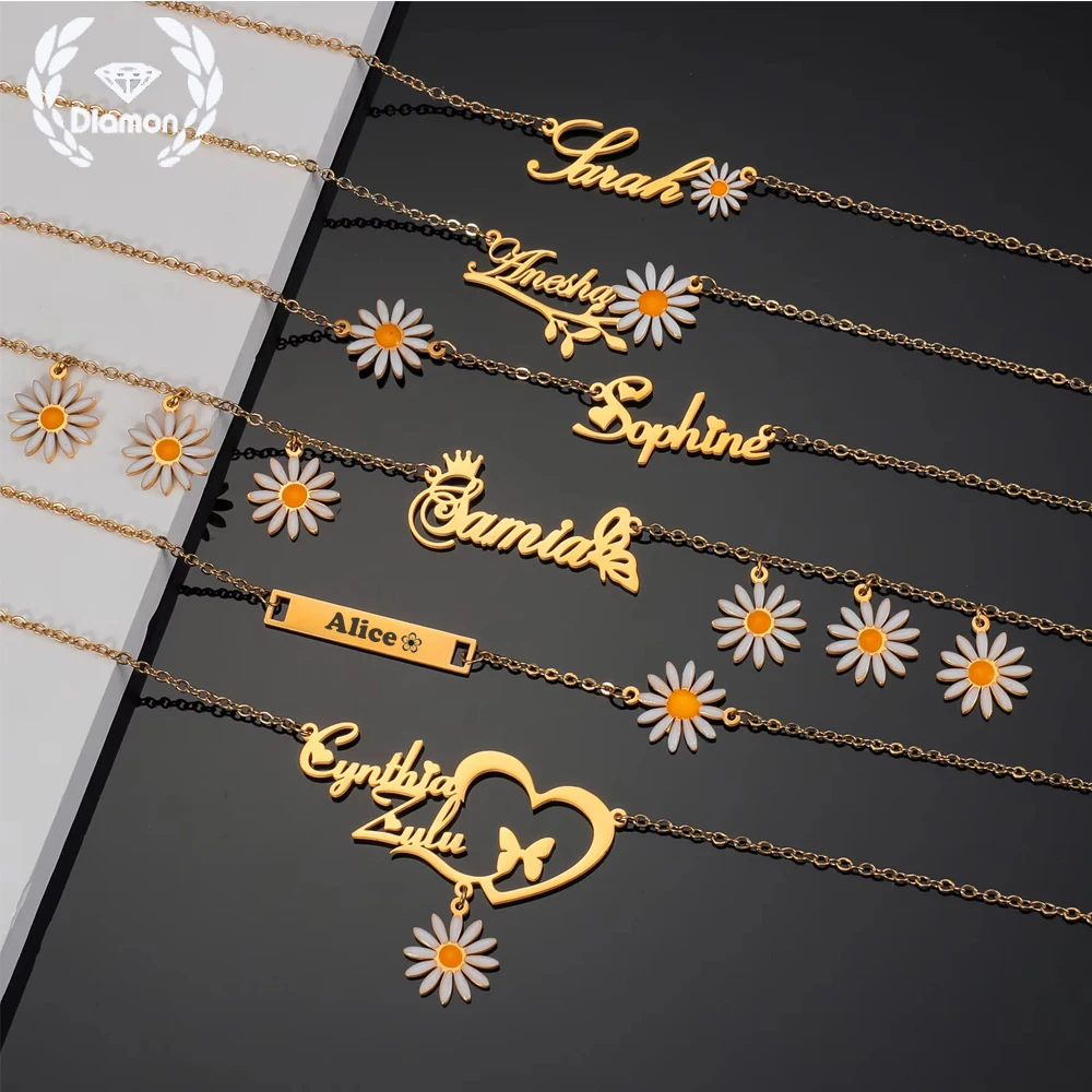 דימון מותאם אישית שם תכשיטים מותאם אישית סט פרח daisy שמן עגילי שרשרת נירוסטה לעגילים מתנה למסיבת נשים