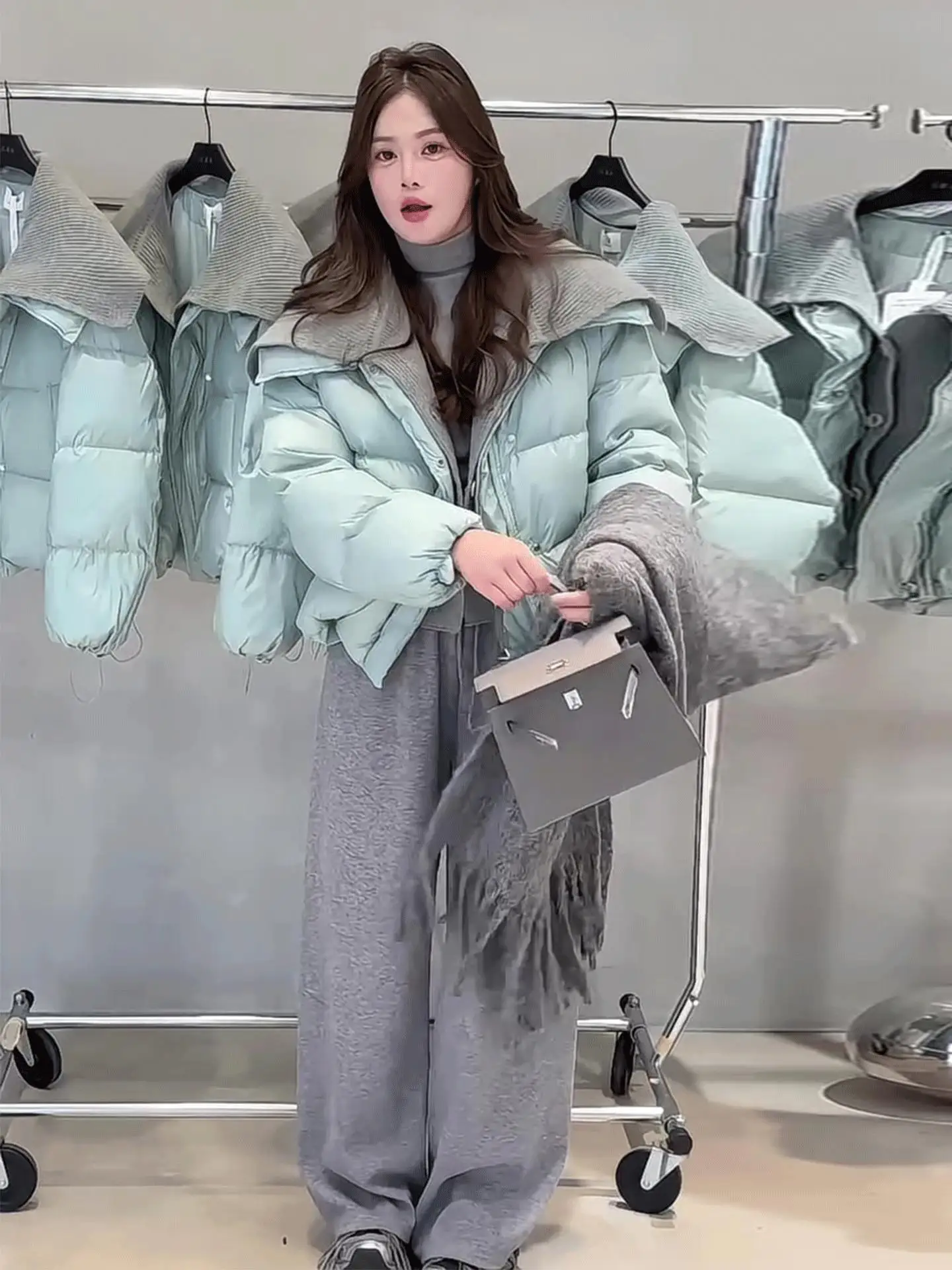 

Warm Knitted Loose ort Cotton Jaet Collar Flip Women's Faionable Anti-Aging Autumn Winter Outerwear Straight Cut Sle