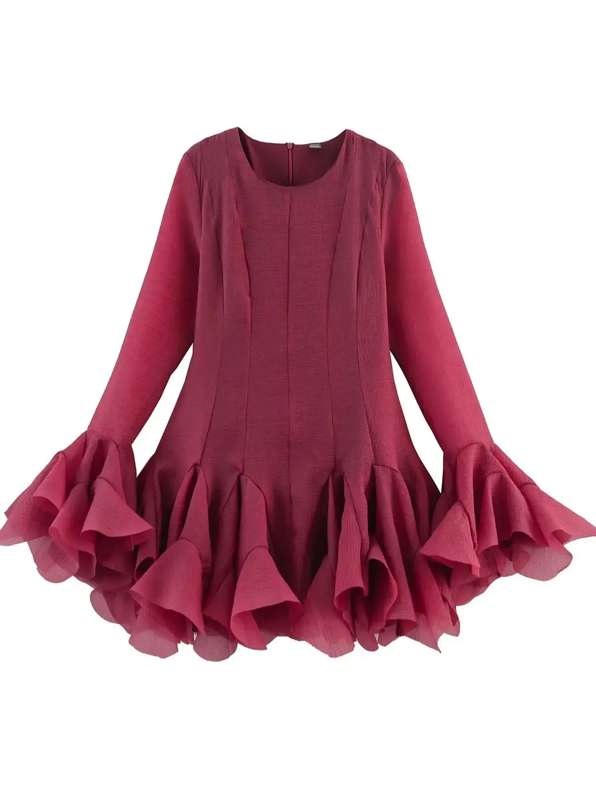 2026 Summer Women's Elegant Multi-Layered Ruffled Wine Red Mini Dresses Ladies Sweet Chic Long Flare Sleeve Slim Fit Puffy Robe