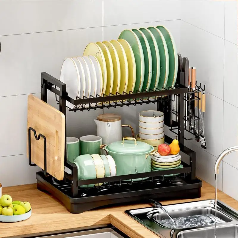 

Draining Dish Rack Stable Iron Dish Drainers Racks With Hooks Space-Saving Multifunctional Storage Racks Draining Rack With