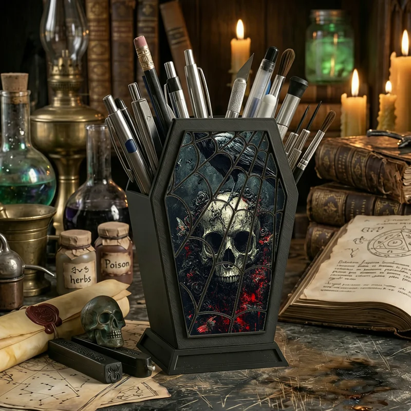 Gothic Skull Crow Pen Holder Spider Web Pattern Pencil Cup Spooky Desktop Stationery Organizer Halloween Home Office Desk Decor