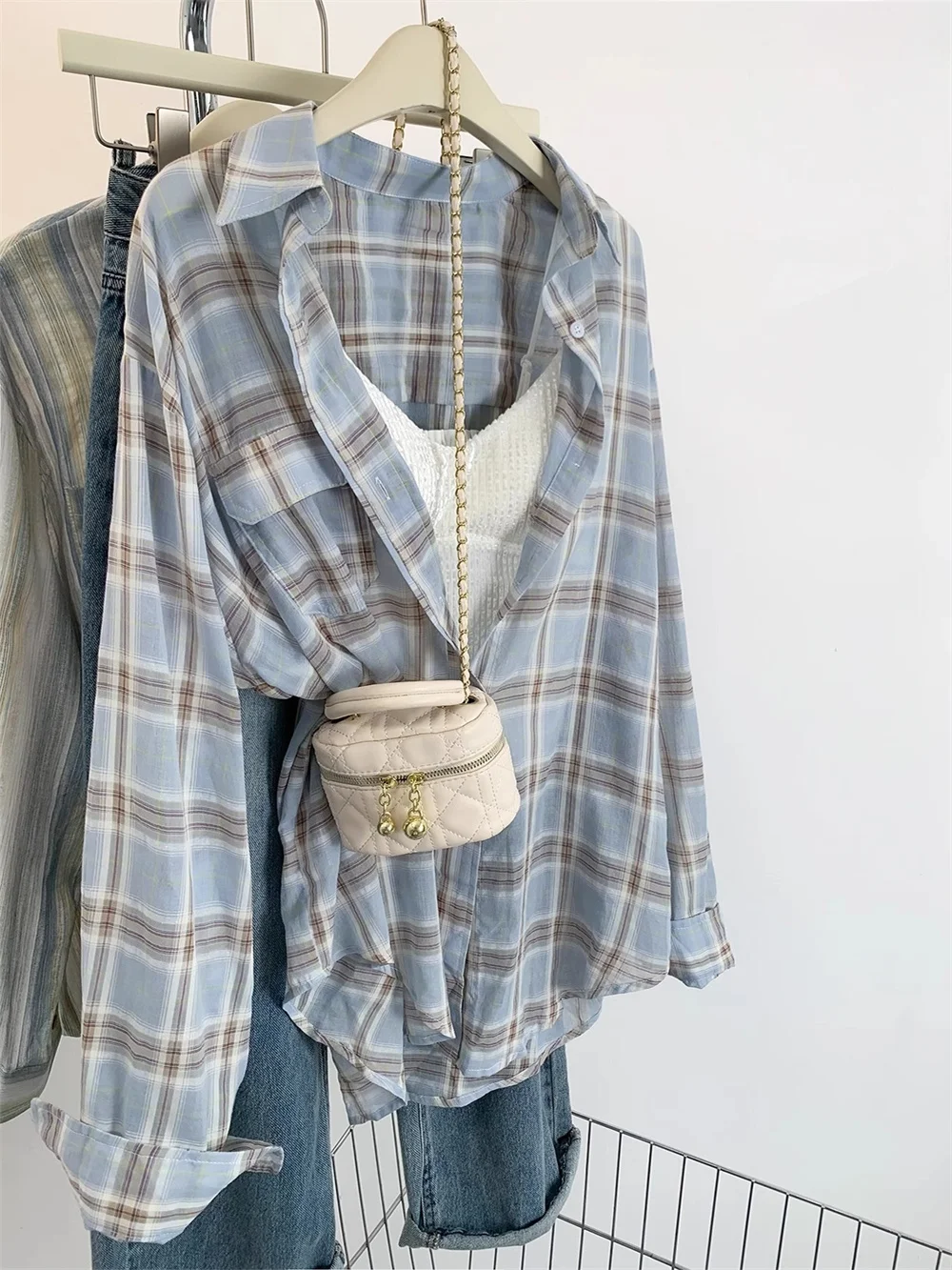 Light Blue Plaid Long Sve Sun Protection irt Casual Lazy Vintage Collar M Sle Loose irt Coat for Young Adults