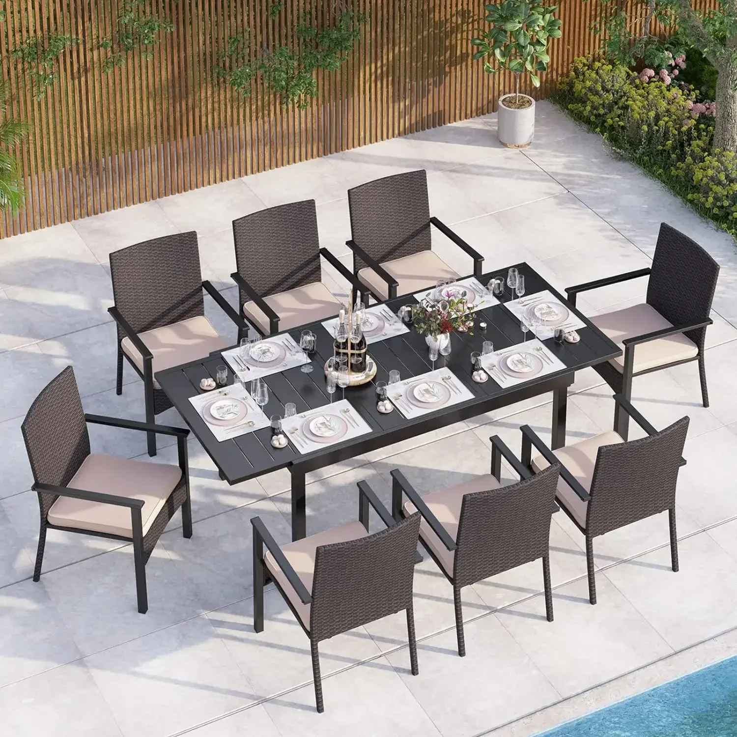 

Set with Rattan Wicker Chairs,Acacia Wood Table and Bench,Outdoor Furniture Set with Removable Cushio for Patio,Garden