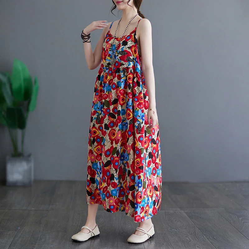 Retro Floral Print Maxi Dr Women's Sweet Mommy Sle Dr Inner Wear Strap Dr Outer Wear Long Dr for Middle-Aged An...
