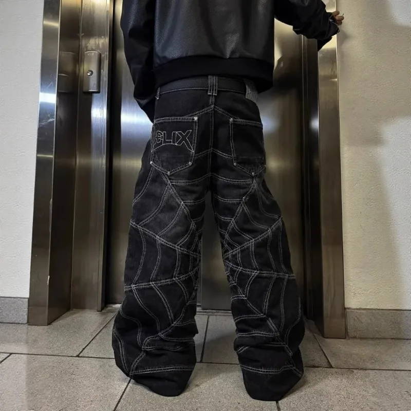 Men's Harajuku Hip-hop Trend Spider Web Patchwork pants2025 Trend Retro Y2k European and American Dark Casual pants