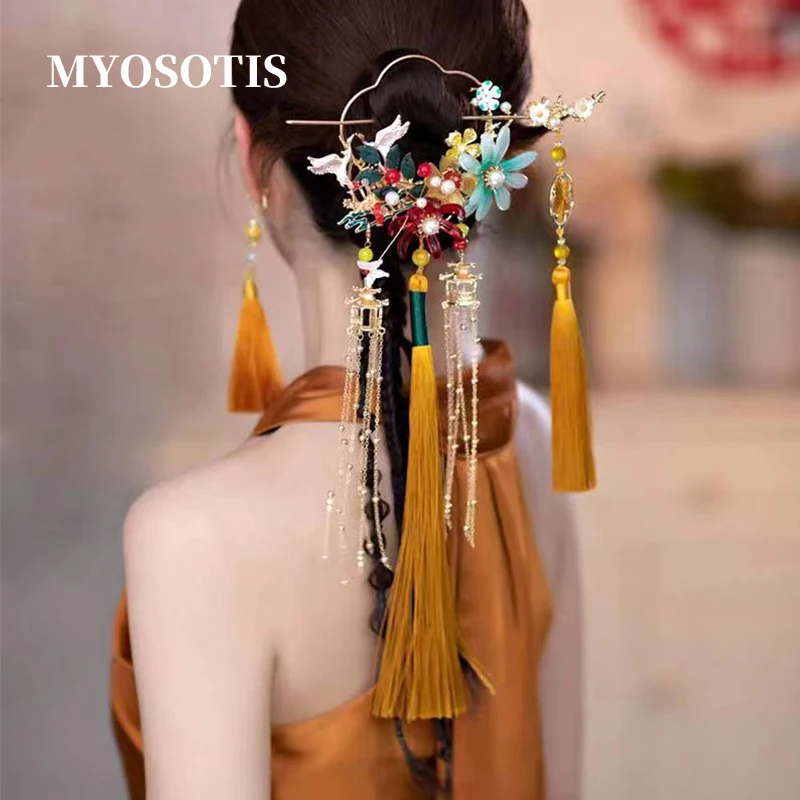 

Vintage Hanfu Back Hair Stick Chinese Classical Hairpins Flowers With Tassel Hairwear Wedding Accessories