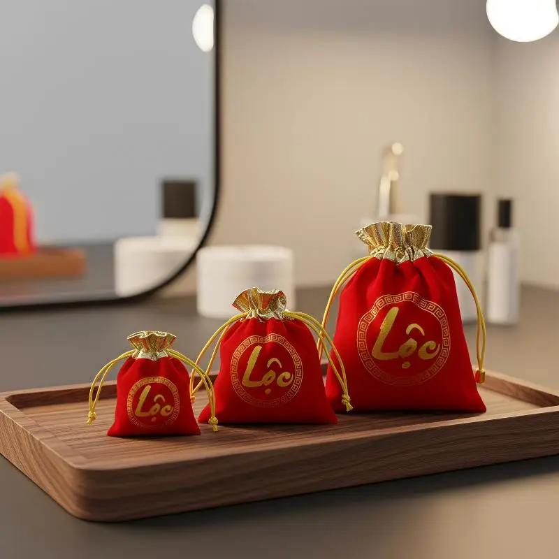 Vietnam Red Velvet Brocade Blessing Bag Creative Drawstring Candy Pouch Reusable Wedding Favor Gift Vietnamese Ceremony Supplies