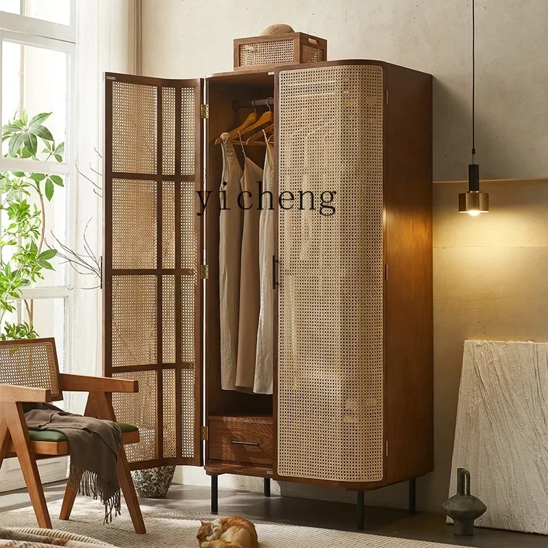 solid wood rattan wardrobe swing door homestay bedroom large wardrobe complete storage cabinet