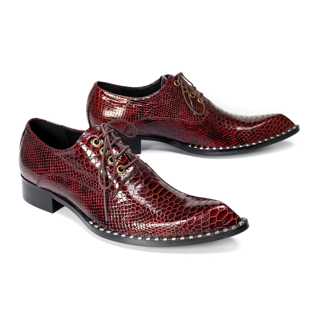 

Luxury Wine Red Snake Pattern Patent Leather Oxford Shoes Men Retro Square Toe Lace Up Studded Welt Low Heel Dress Footwear