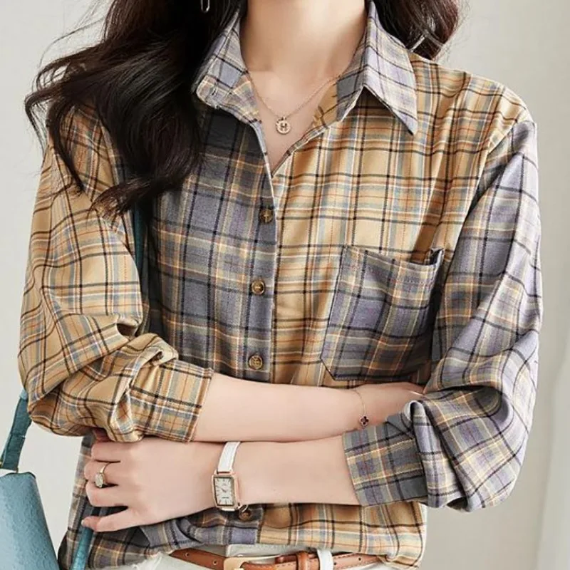 Spring Autumn Women\'s Turn-down Collar Plaid Striped Solid Pocket Button Cardigan Long Sleeve Shirt Coats Fashion Casual Tops