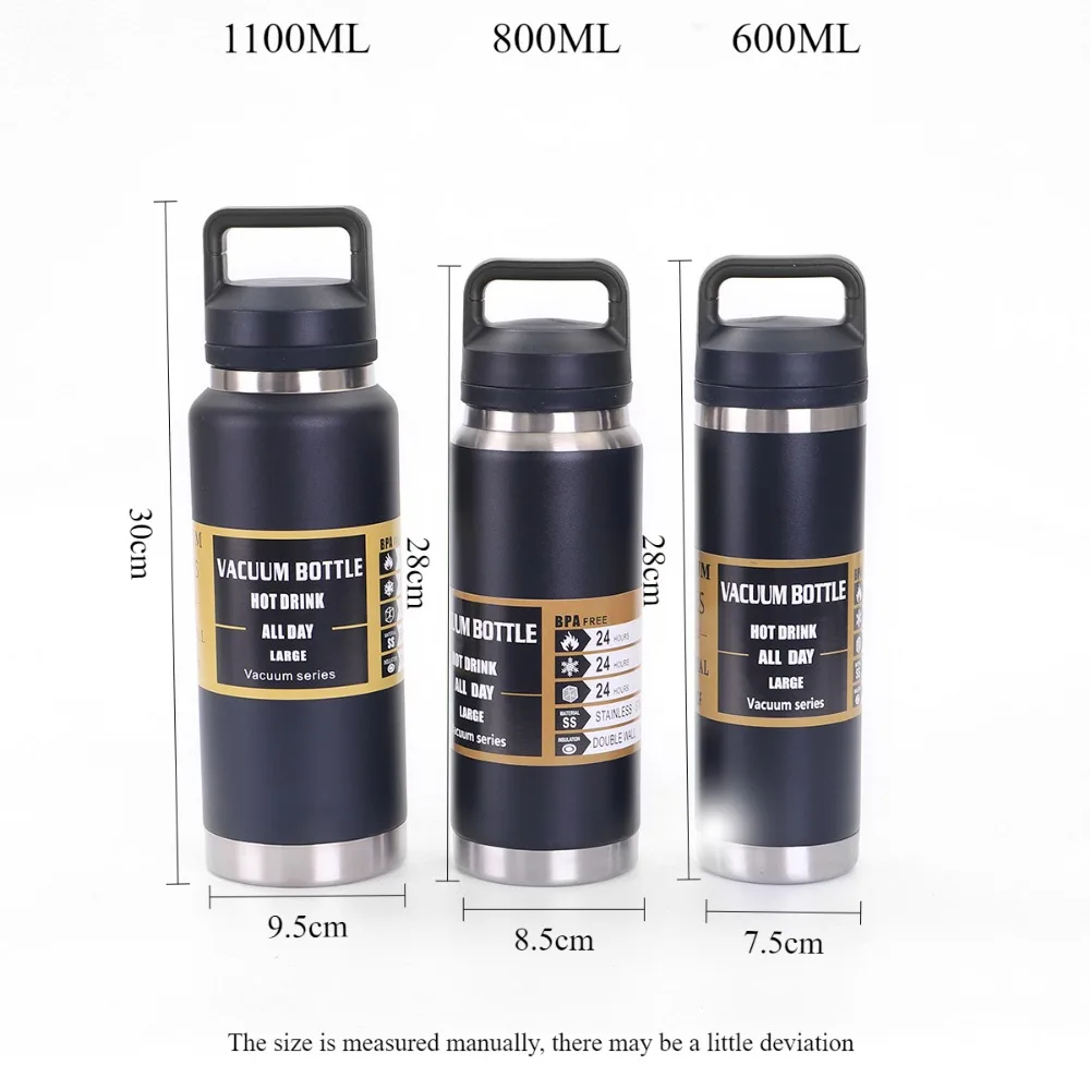 600/800/1100ML304 زجاجة ترمس من الفولاذ المقاوم للصدأ مع مقبض كوب ماء محمول زجاجة مياه شرب ساخنة وباردة تدوم طويلاً