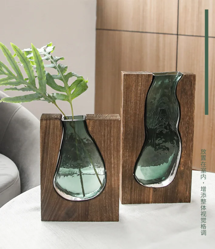 Glass Vase with Nordic Log Solid Wood Transparent , Removable Home Designer Decoration, Hotel Board Room Available