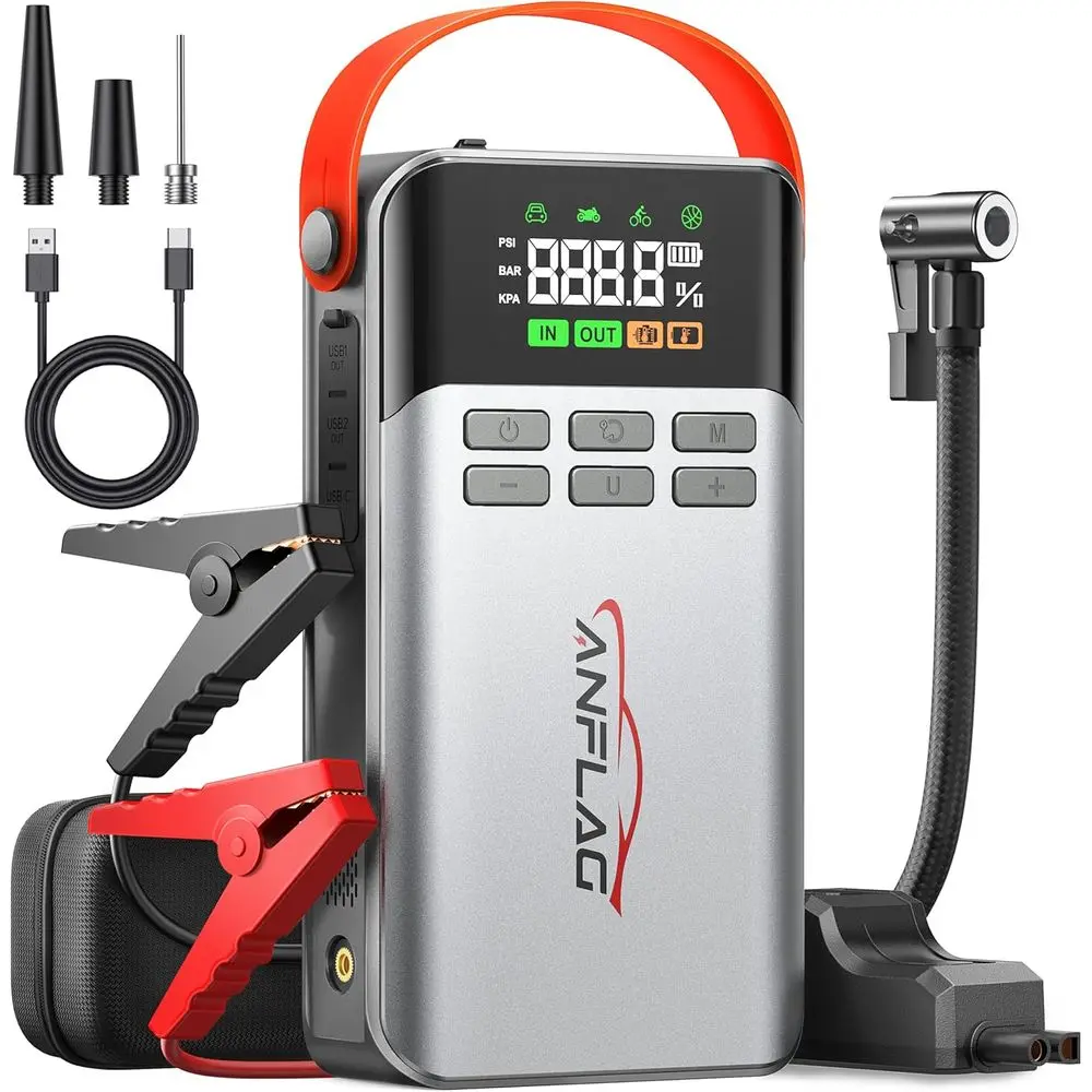 

All-In-One Car Jump Starter: 5500A Peak, 150PSI Air Compressor, Portable Power Bank, LCD Display, LED Flashlight for Gas & 12.0L