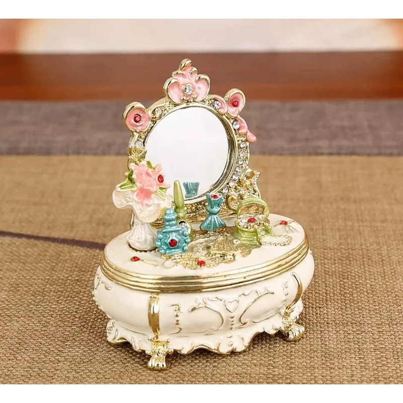 For Enamel Craft Dressing Table Mirror Jewelry Box Retro Gift Jewelry Storage Box Alloy