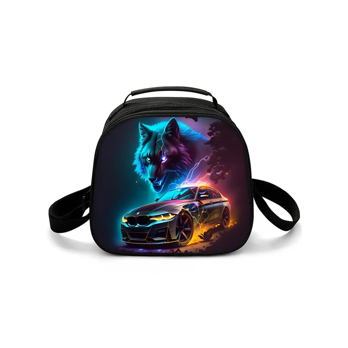 Wolf and Racing Print Shoulder Strap Insulated Lunch Bag Eco-Friendly Waterproof Thermal Cooler Reusable Student Bento Food