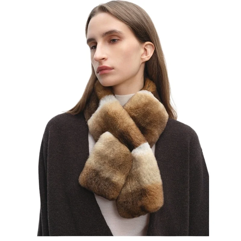 New natural color rabbit hair stacked double-sided thickened warm primary color Rex rabbit fur cross scarf/scarf