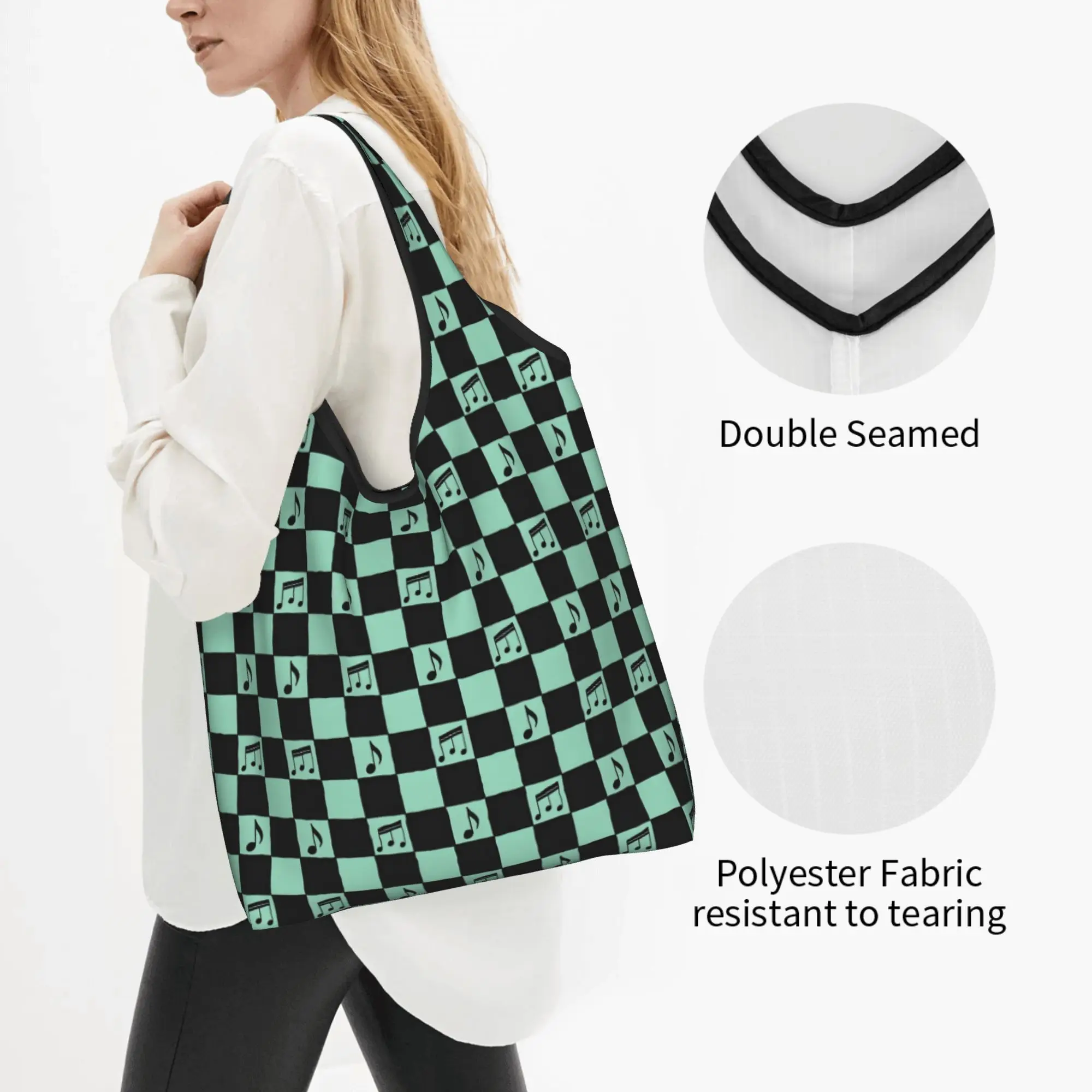 Checkerboard Music Groceries Shopping Tote Bags Women Kawaii  Shopper Shoulder Bags Large Capacity Handbags