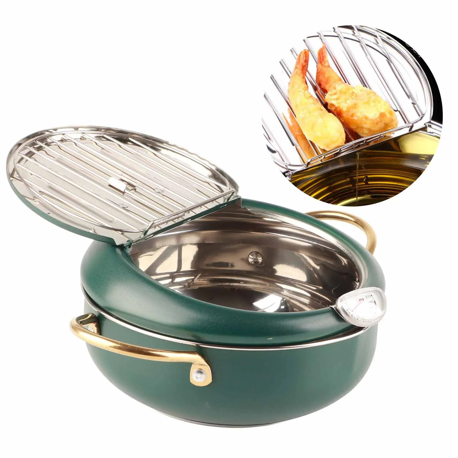 

ZK40 Frying Pot with Thermometer Japanese Stainless Steel Fryer Pan for Induction Cooker Deep Green