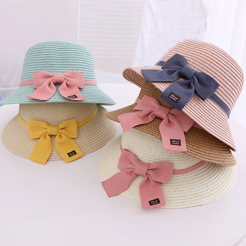 Women Girls Hat Summer Sun Protection Bucket Hat Straw Floppy Bow Tie For Girl Baby Mom Parent-Child Cap Crossbody Bag Wholesale