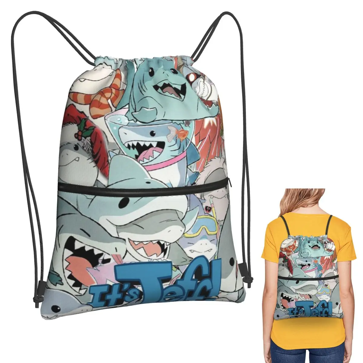 Cute Jeff The Land Shark Cartoon Backpacks Multi-function Drawstring Bags Sports Bag Book Bags for Man Woman Students