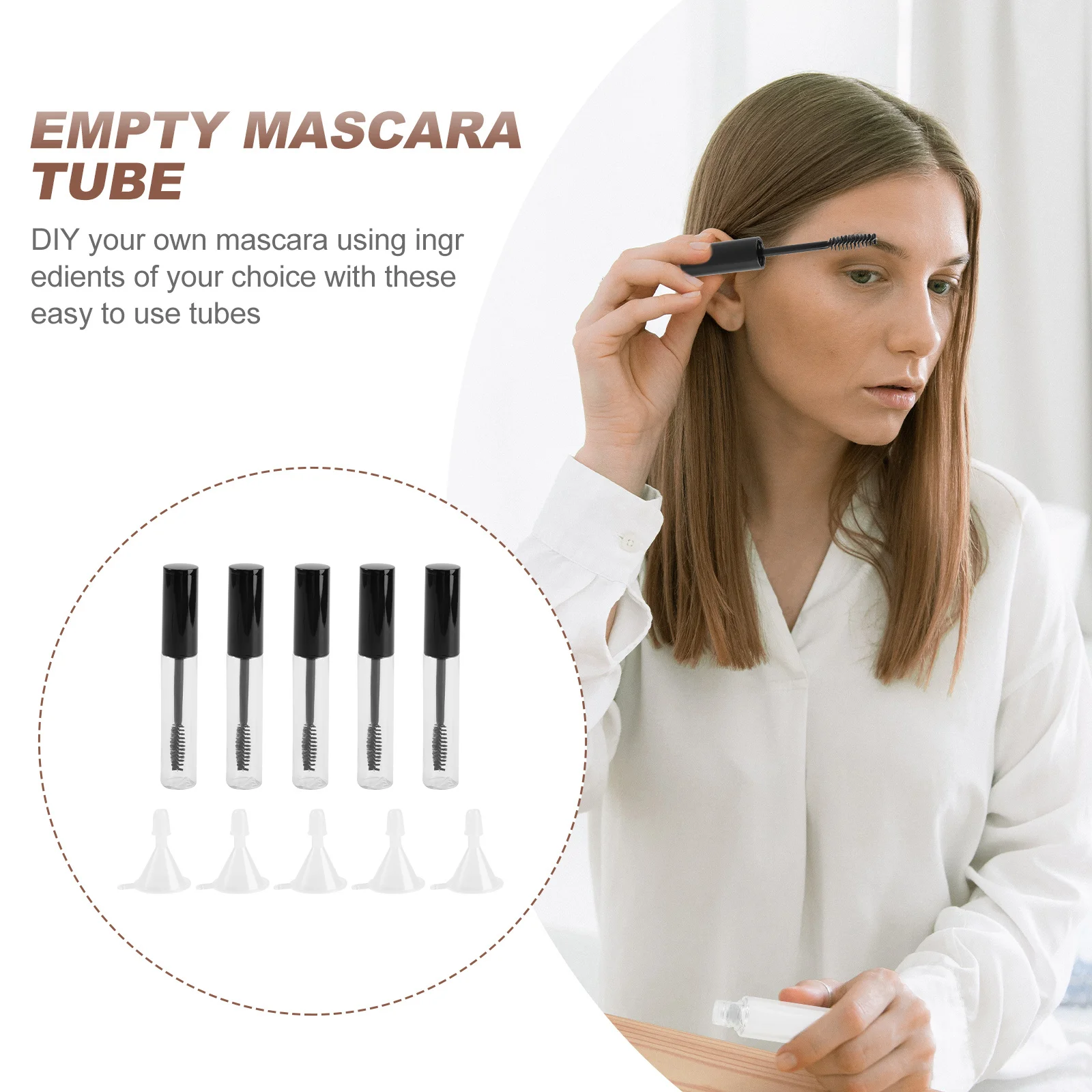 5Pcs Empty Eyelash Tubes 10ml Black Lid Funnels DIY Mascara Container Eyelash Brush Tube for Travel Makeup Storage