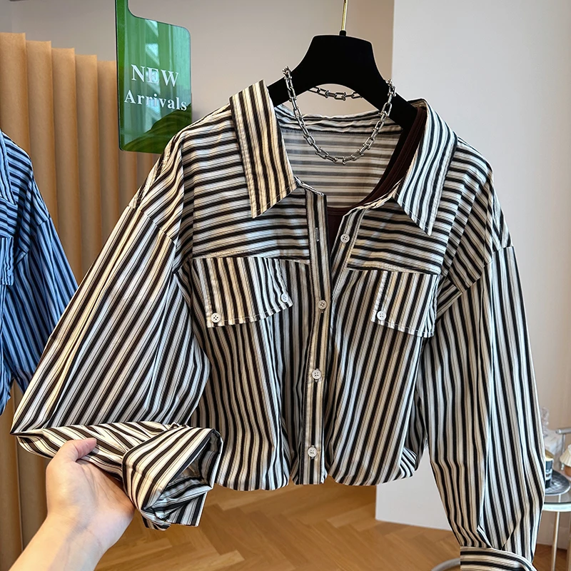 Striped Baggy Commuter Blouse Women Autumn 2023 Fashion Design Sense Oversized Boyfriend Style Shirt Premium Comfortable Top