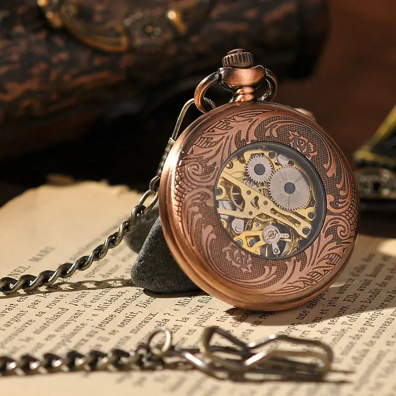 Cobre tom Steampunk esqueleto relógio de bolso para homens, caixa oca, mostrador preto, número árabe, mão vento movimento mecânico, corrente Fob