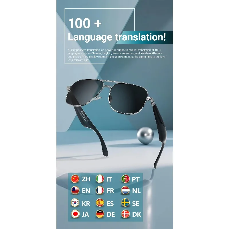 Ai Translation Wireless Glasses Live Recording 100+ Languages BT5.4 Call Music Sun protection GY100 Smart Glasses for Men Women