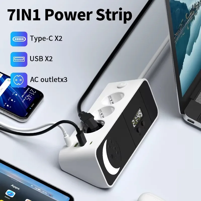 EU Angle Extension Power Strip With Night Light Clock 2 USB 2 Type‑C Ports for Desktop Home Indoor Application
