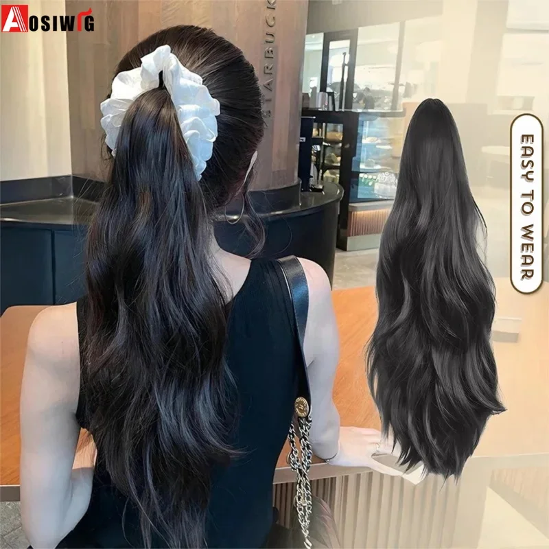 

Aosiwig Long Wavy Curly Synthetic Ponytail Claw Black Brown Pony Tail Hair Extensions For Women Girls Fake False Hairpiece Daily