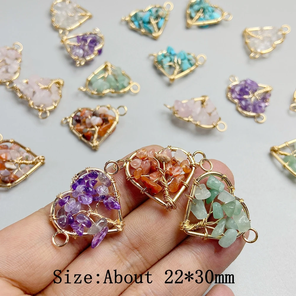 1Pc Double Hole Heart Shape Tree of Life Pendant Natural Irregular Chip Beads Wire Wrapped Charms Pendant for Jewelry Making DIY