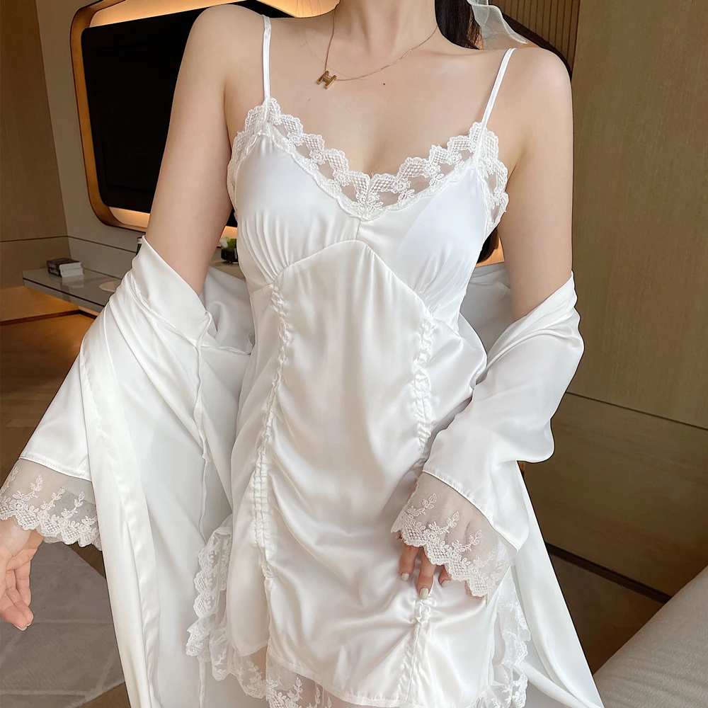 Pajamas women ice ribbon chest cushion halter pajamas robe lace lace sexy V-neck home