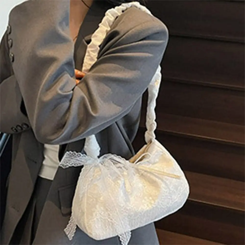 Tote Bag Lace Shoulder Bag With Ribbon Korean Style Simple Canvas Handbag Pleated Strap Cloth Large Capacity Bag Couple