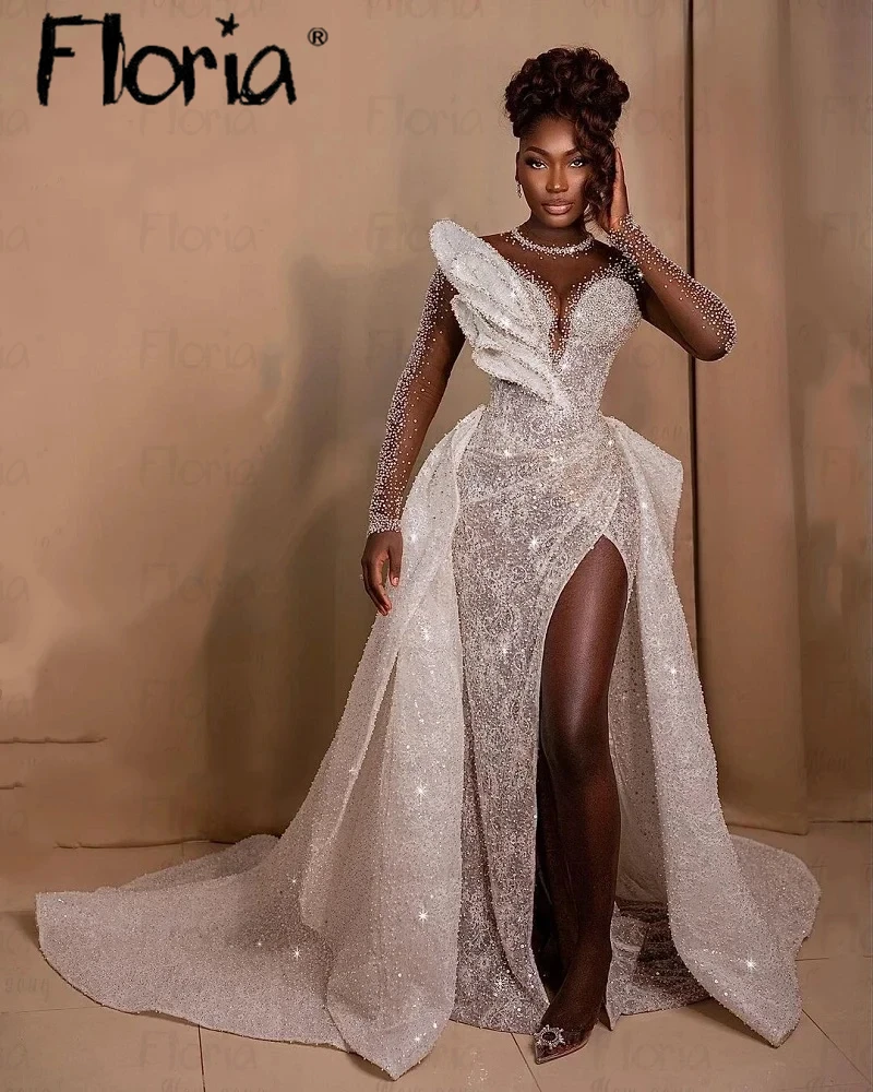 

African Luxury Wedding Dress Leaf Design Detachable Train Women Dubai Full Ivory Pearls Bridal Gowns 2024 Vestido De Casamen