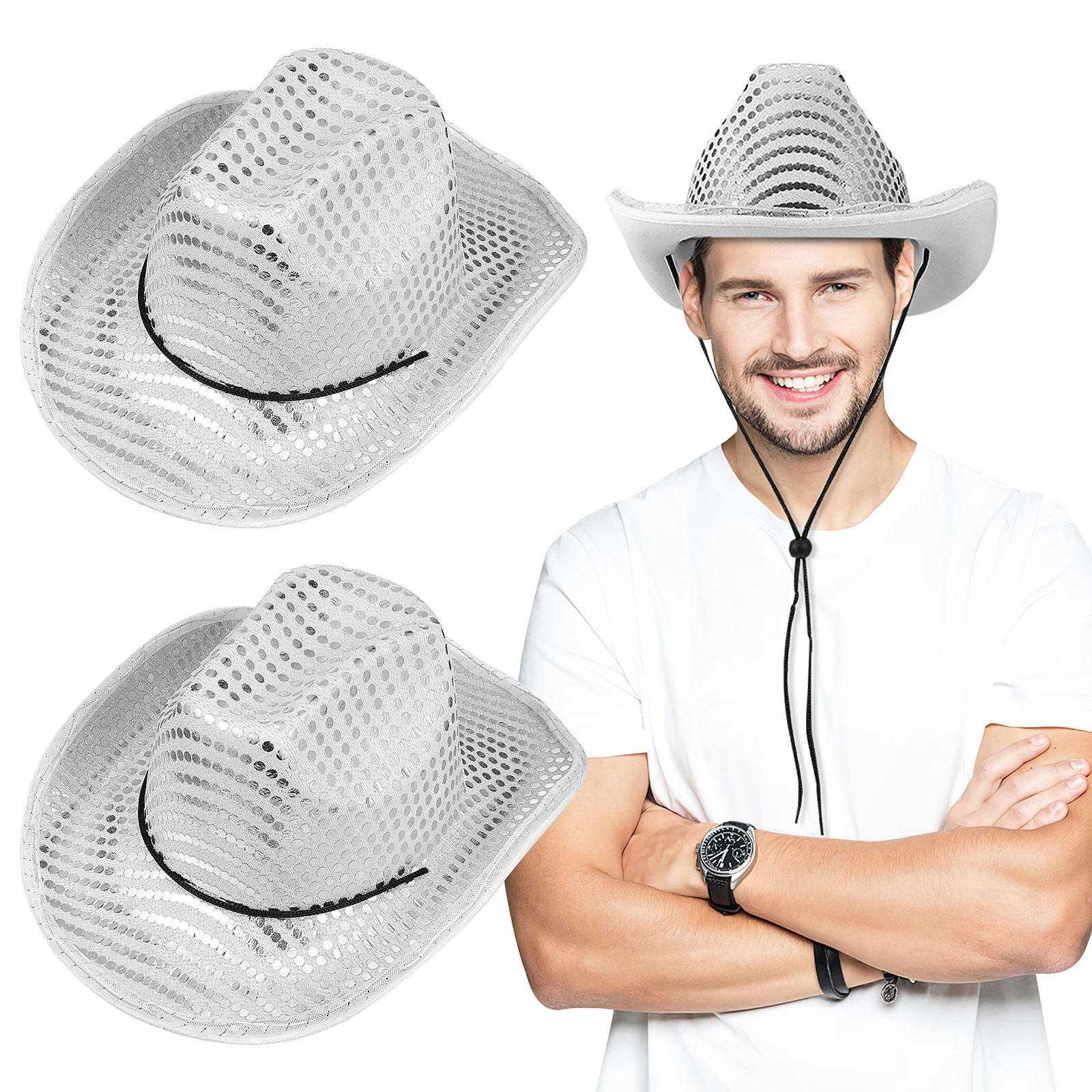 

Hat Men Disco Hats for Women Mens Men's Cowboy Glitter Cowgirl Boys Party Silver Western