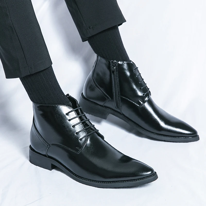 Leather Boots Men Zip Lace-up High Top British Versatile Men Fashion Business Dress Social Boots Mens Platform Casual Men Boots