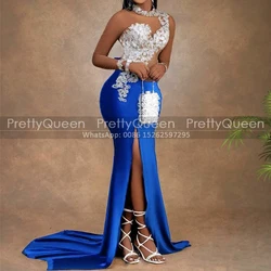 Sexy Side Split Mermaid Prom Dresses With Sheer Long Sleeves Appliques Customized Long Sweep Train Graduation Dress Evening