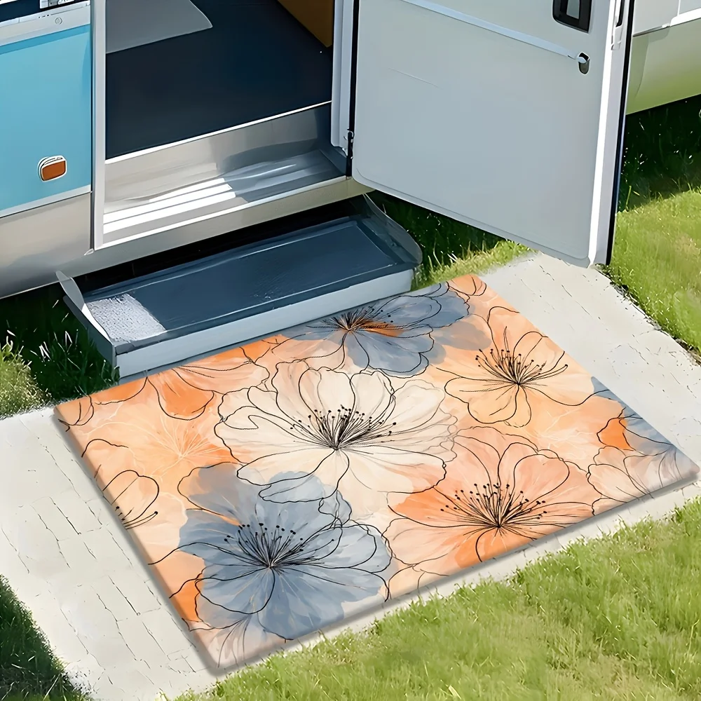 Line Art Floral Illustration Doormat Cream Beige Gray Orange Polyester Hand Wash Only 80x50cm Decorative Use